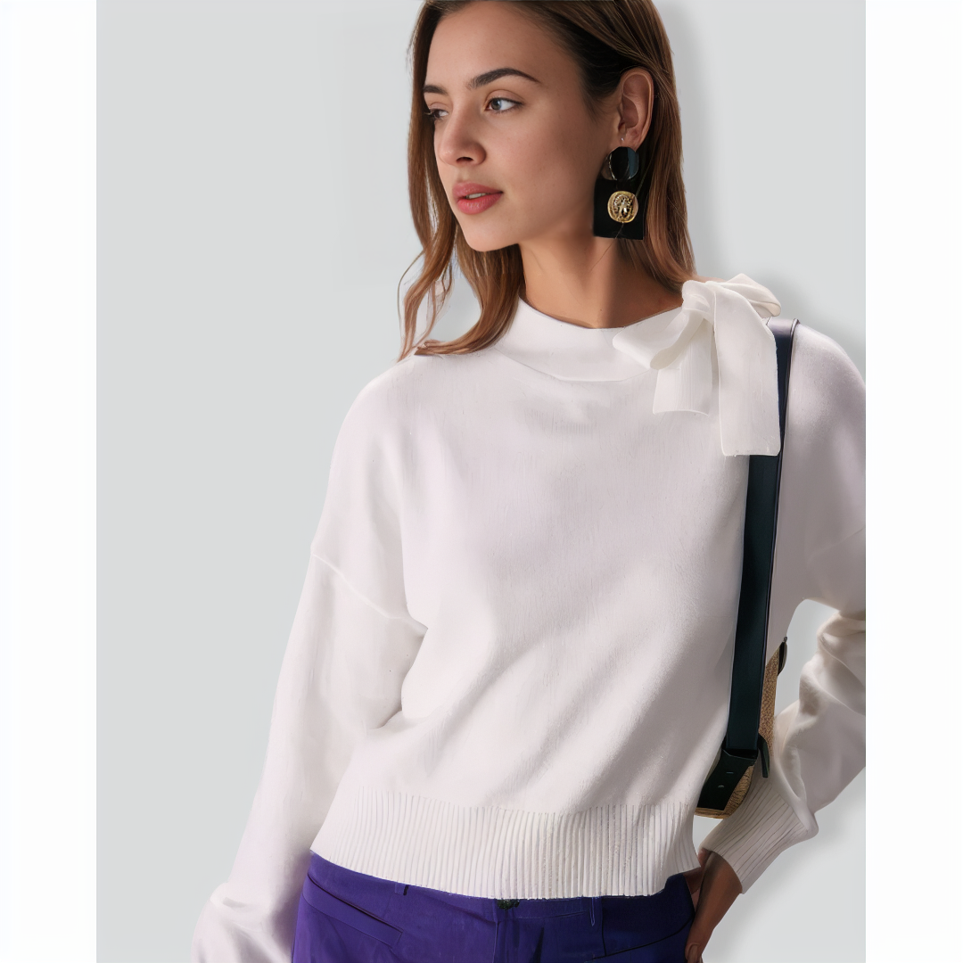 The White Mock Neck Tie Ribbed Knit Top
