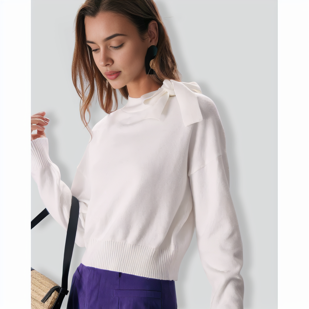 The White Mock Neck Tie Ribbed Knit Top