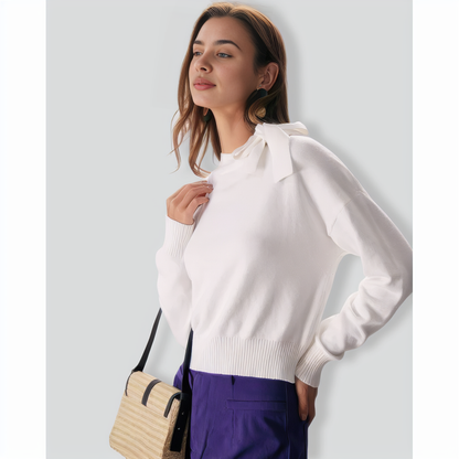 The White Mock Neck Tie Ribbed Knit Top