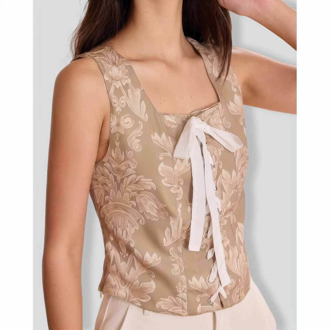 The Khaki Square Neck Lace-Up Floral Tank Top