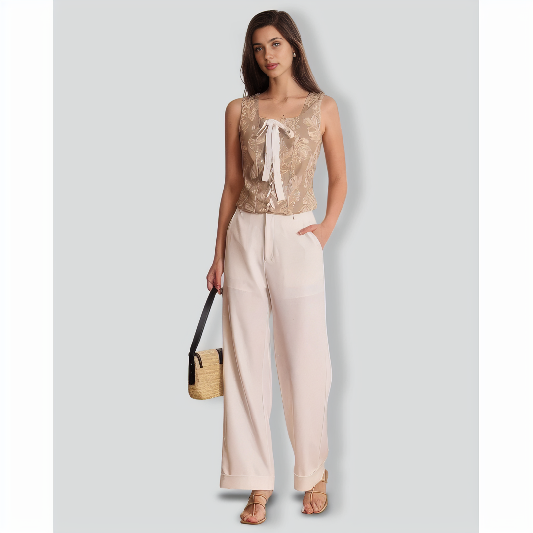 The Khaki Square Neck Lace-Up Floral Tank Top