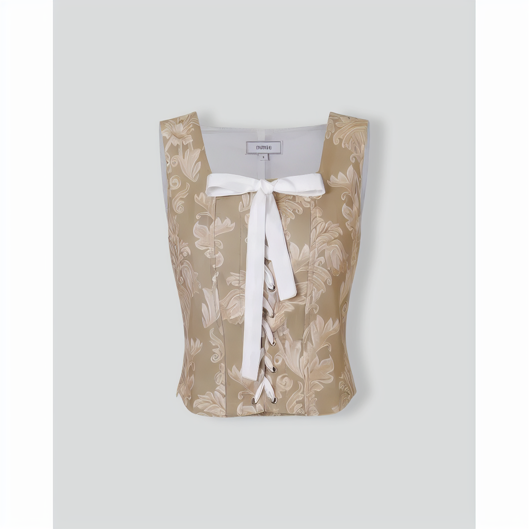 The Khaki Square Neck Lace-Up Floral Tank Top