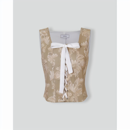 The Khaki Square Neck Lace-Up Floral Tank Top