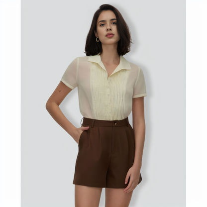 The Beige V Neck Pleated Chiffon Blouse