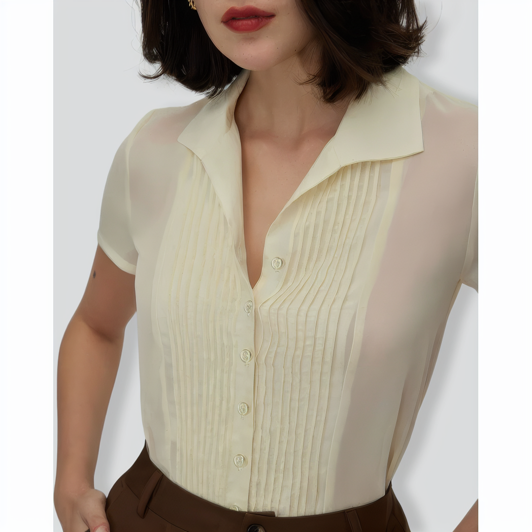 The Beige V Neck Pleated Chiffon Blouse