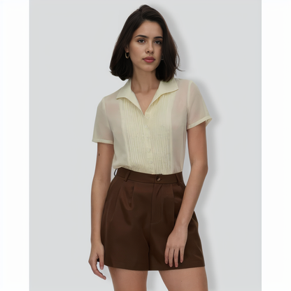 The Beige V Neck Pleated Chiffon Blouse