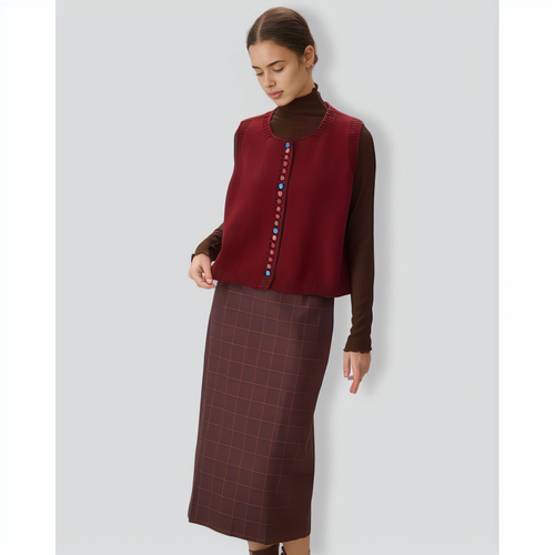 Red Round Neck Single Breasted Knit Vest