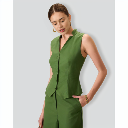 Women's Green Single Breasted Cotton Linen Vest