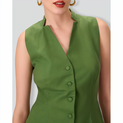 Women's Green Single Breasted Cotton Linen Vest