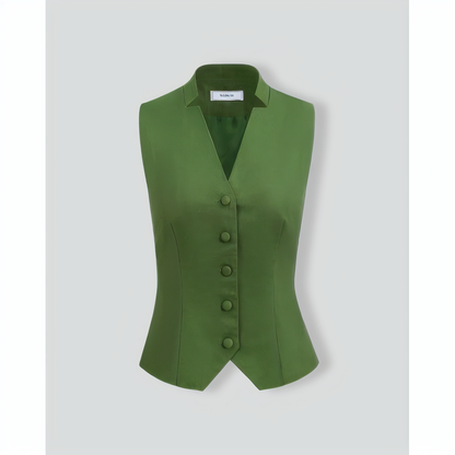 Women's Green Single Breasted Cotton Linen Vest