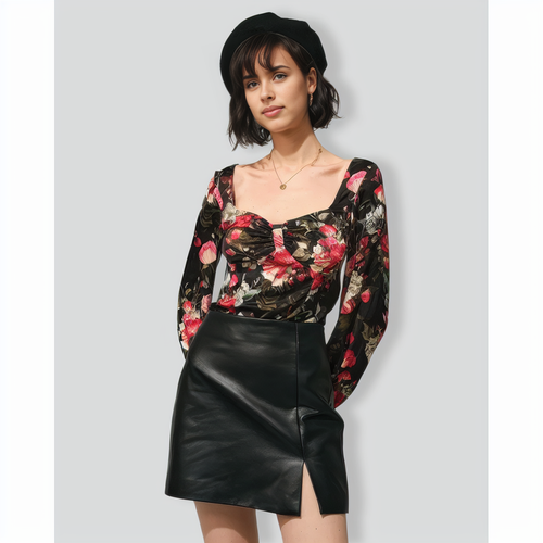 The Black Square Neck Floral Satin Blouse
