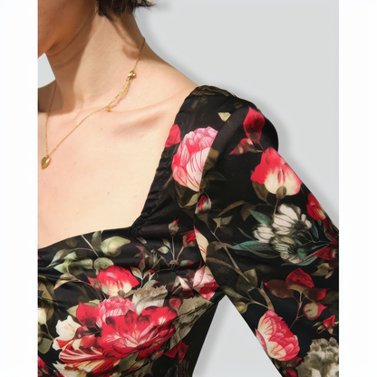The Black Square Neck Floral Satin Blouse