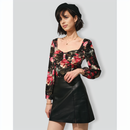 The Black Square Neck Floral Satin Blouse
