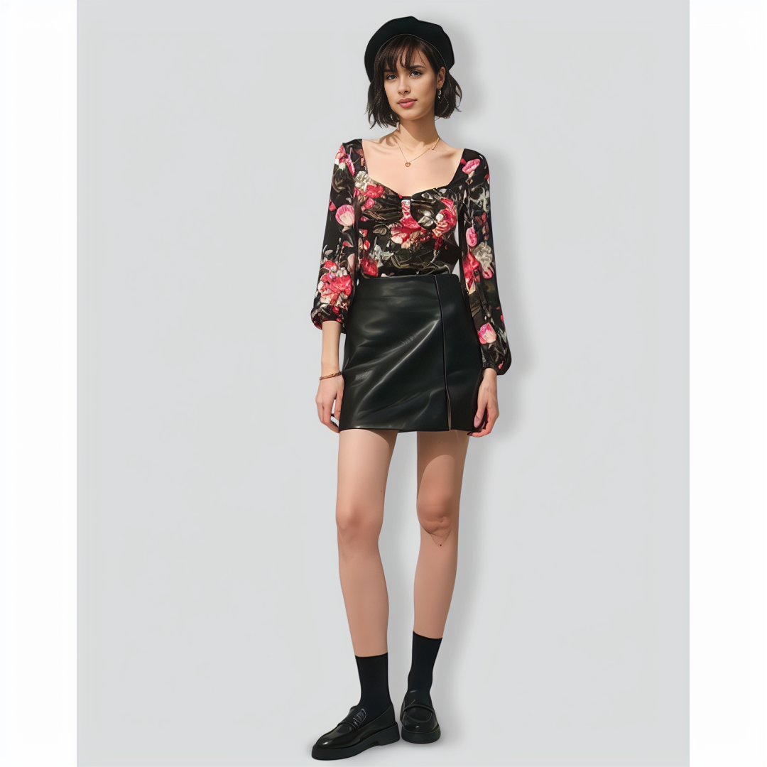 The Black Square Neck Floral Satin Blouse