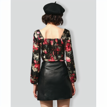 The Black Square Neck Floral Satin Blouse