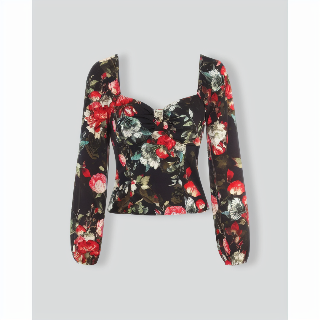 The Black Square Neck Floral Satin Blouse