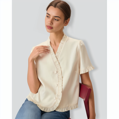 Women's Beige V-Neck Ruffle Blouse
