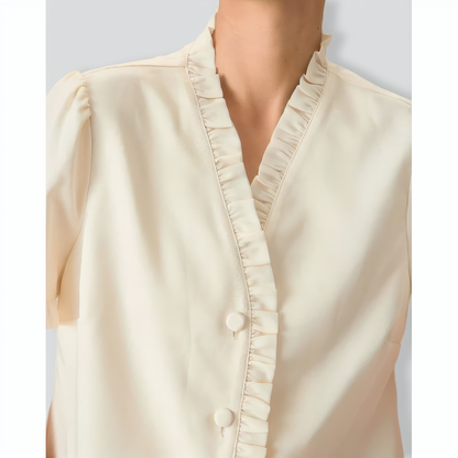 Women's Beige V-Neck Ruffle Blouse
