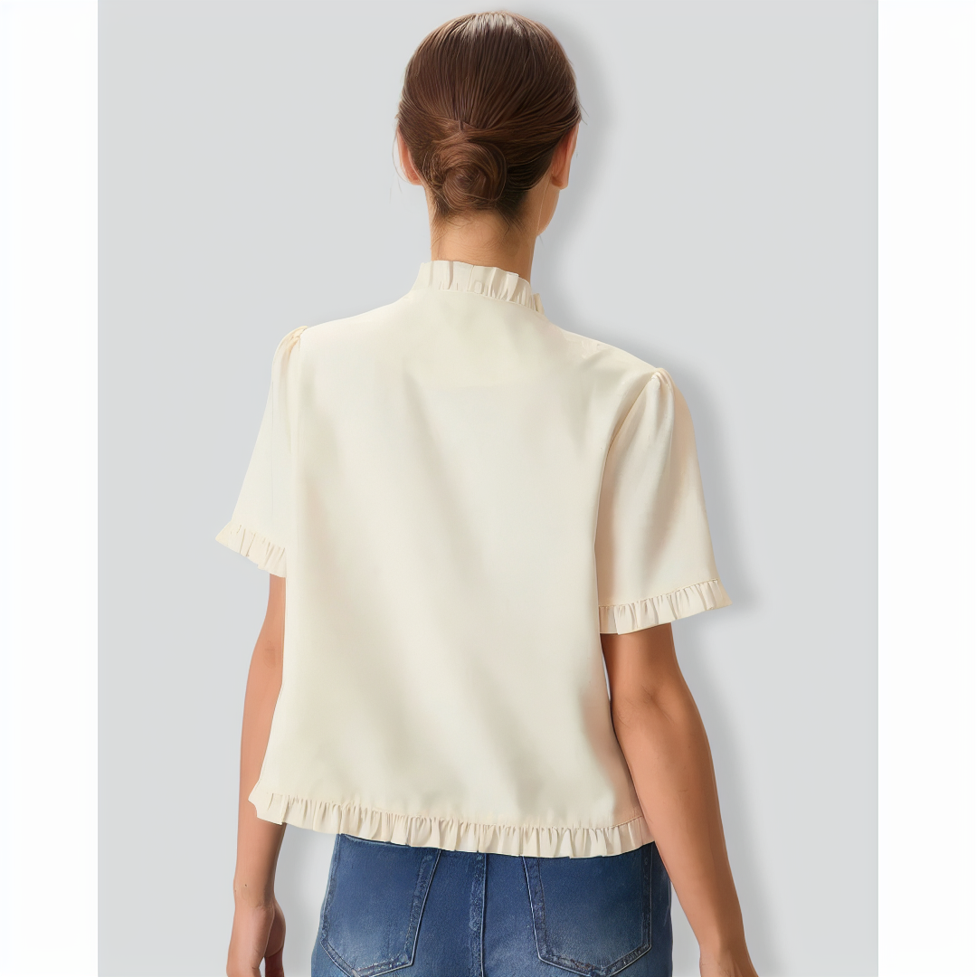 Women's Beige V-Neck Ruffle Blouse