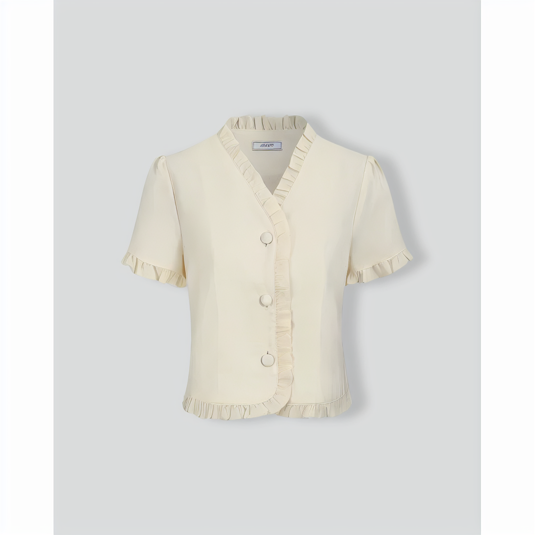 Women's Beige V-Neck Ruffle Blouse
