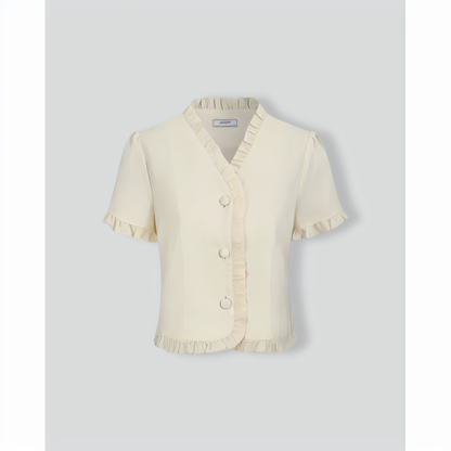 Women's Beige V-Neck Ruffle Blouse