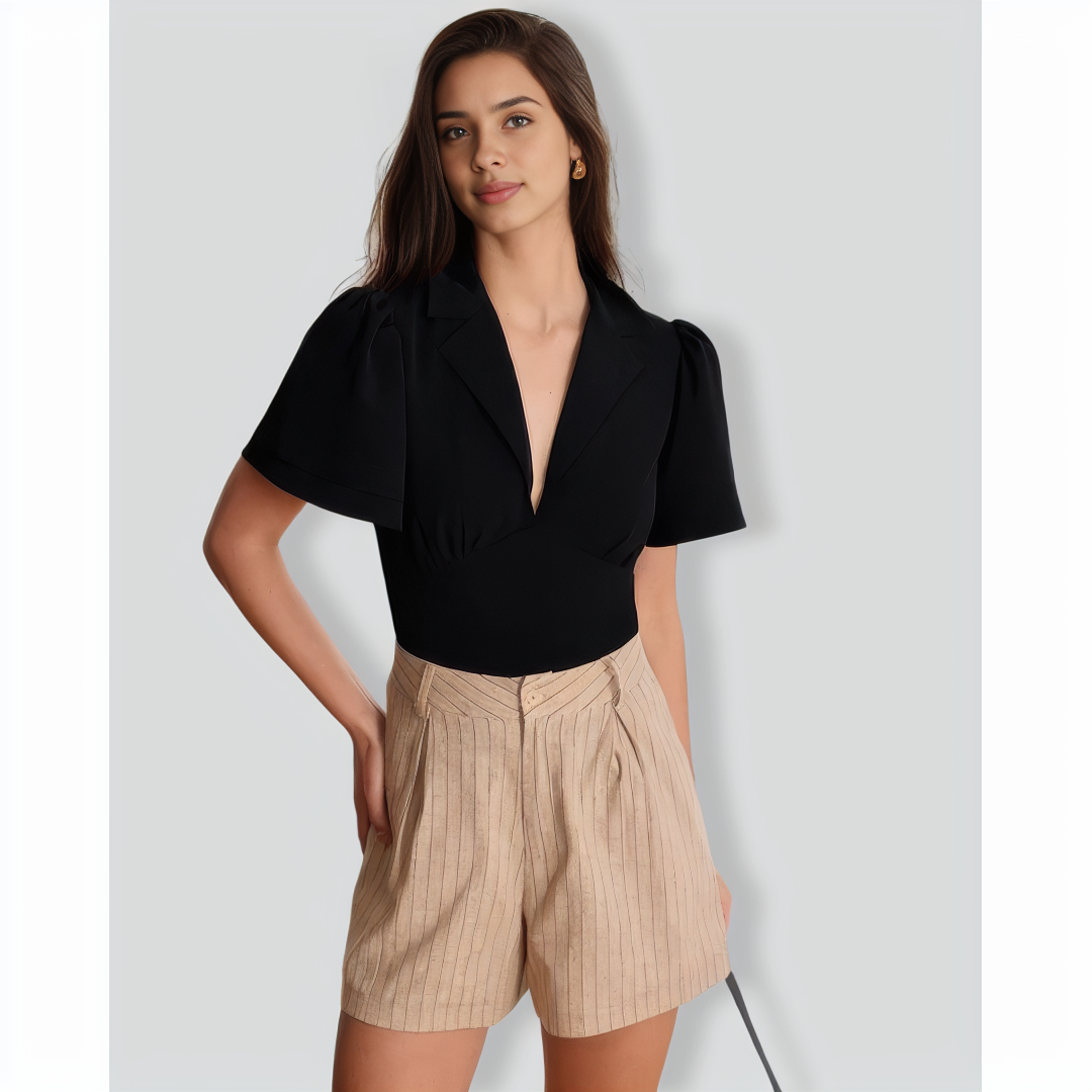 The Black Lapel Ruched Blouse