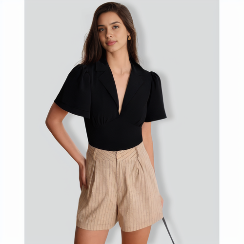 The Black Lapel Ruched Blouse