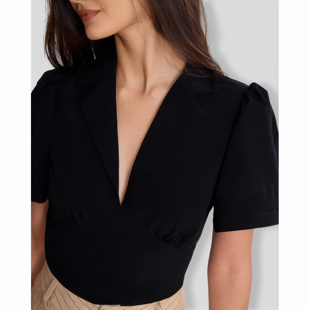 The Black Lapel Ruched Blouse