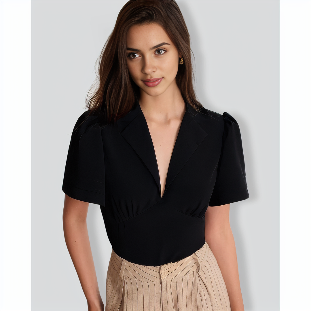 The Black Lapel Ruched Blouse