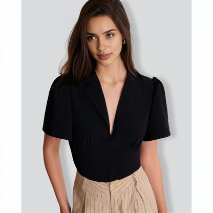 The Black Lapel Ruched Blouse