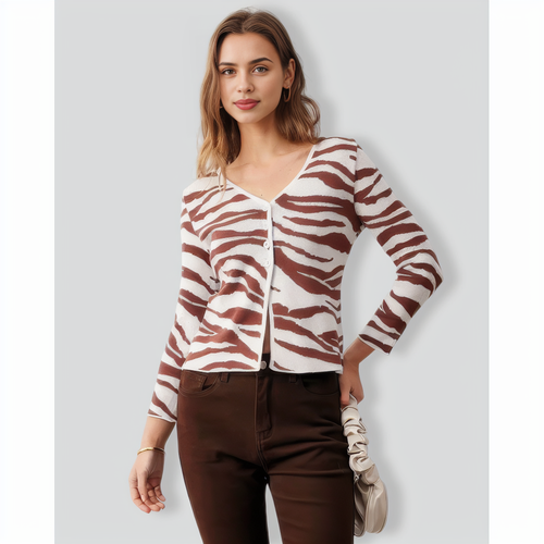 The Coffee V Neck Zebra Knit Cardigan
