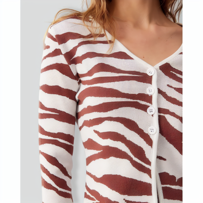 The Coffee V Neck Zebra Knit Cardigan
