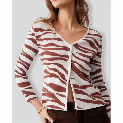 The Coffee V Neck Zebra Knit Cardigan