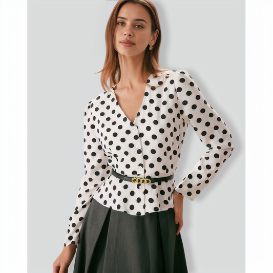 The White V Neck Button Polka Dot Blouse