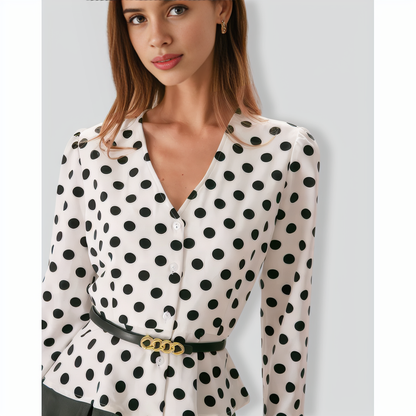 The White V Neck Button Polka Dot Blouse
