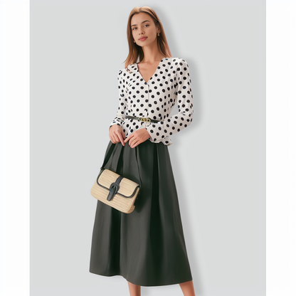The White V Neck Button Polka Dot Blouse