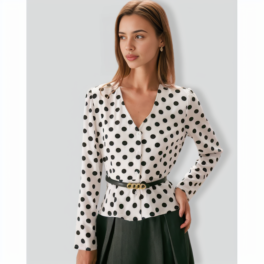 The White V Neck Button Polka Dot Blouse