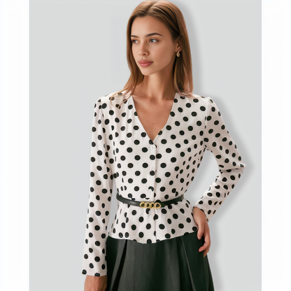The White V Neck Button Polka Dot Blouse