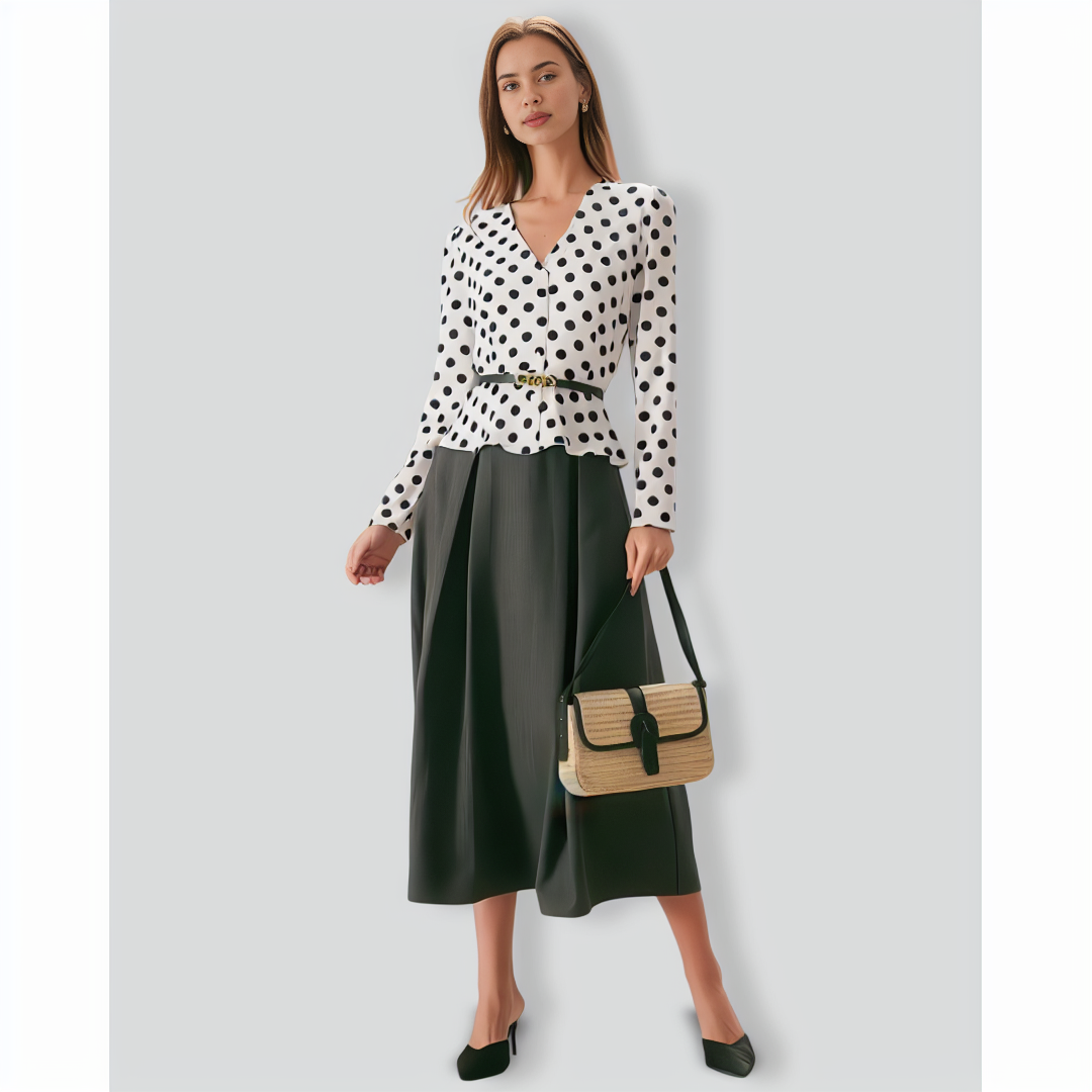 The White V Neck Button Polka Dot Blouse