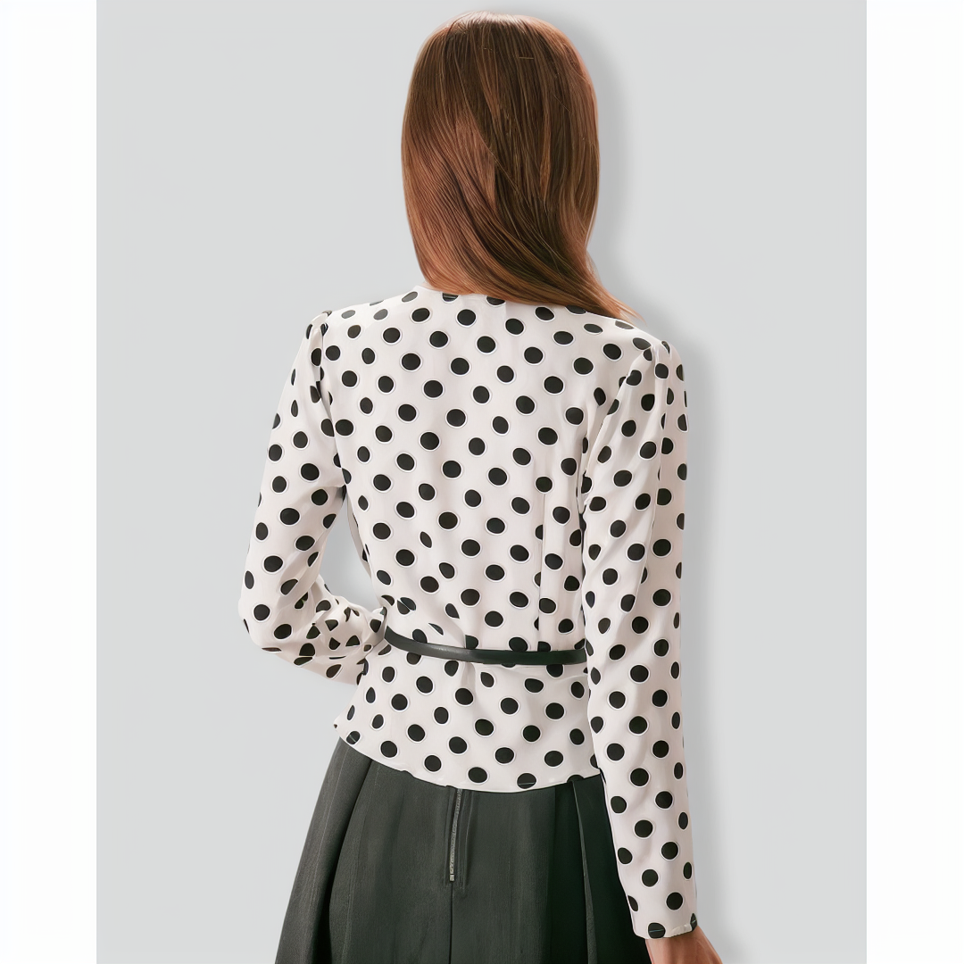 The White V Neck Button Polka Dot Blouse