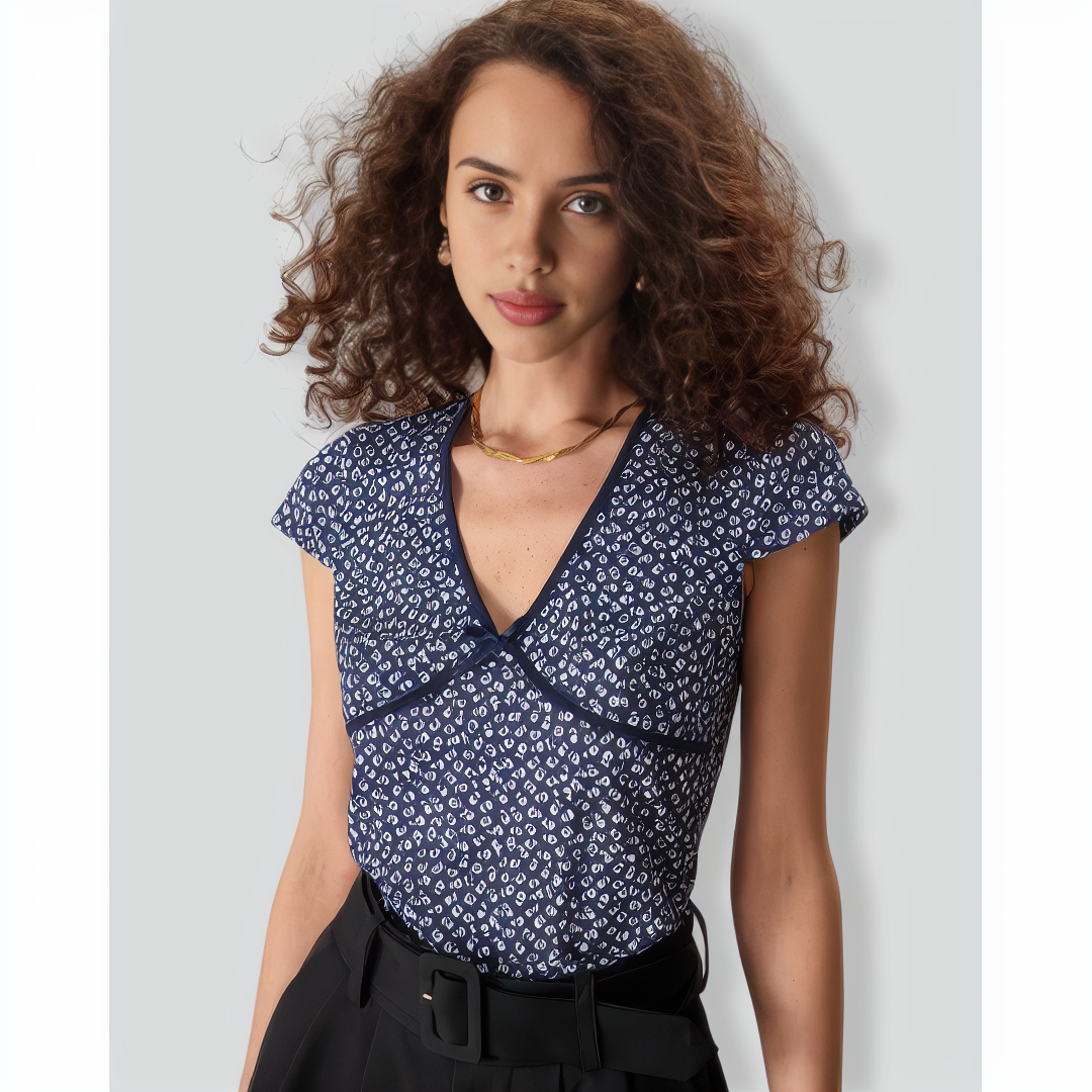 The Navy V Neck Floral Bowknot Tee