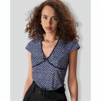 The Navy V Neck Floral Bowknot Tee