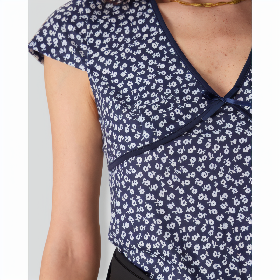 The Navy V Neck Floral Bowknot Tee