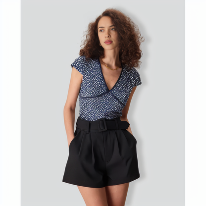 The Navy V Neck Floral Bowknot Tee