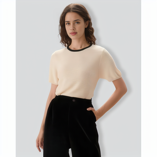Women's Apricot Contrasting Ribbed Knit Tee