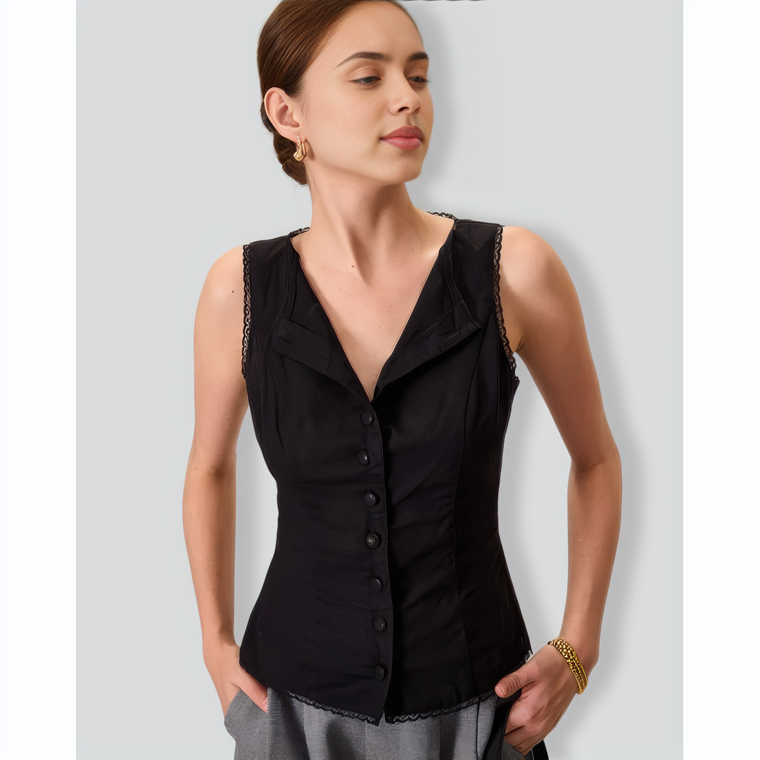 Women's Black Boat Neck Cotton Linen Vest