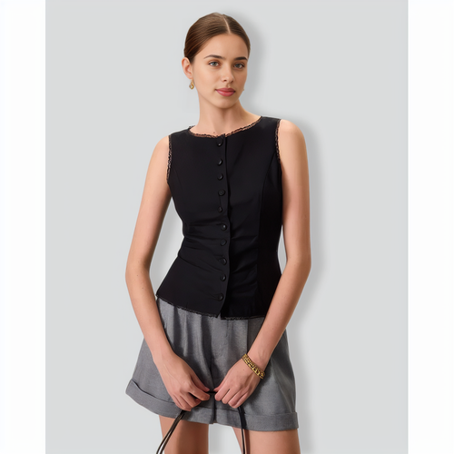 Women's Black Boat Neck Cotton Linen Vest