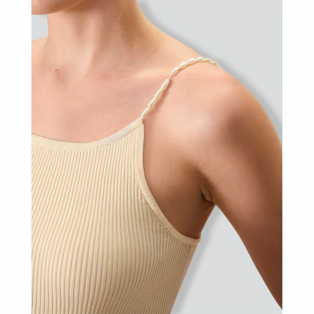 Women's Beige Beaded Strap Ribbed Cami Top