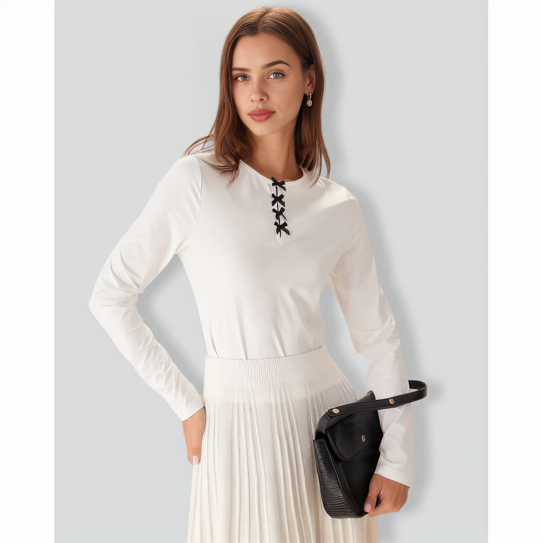 White Contrasting Bowknot Slim Tee