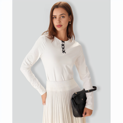 White Contrasting Bowknot Slim Tee